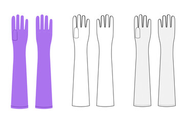 Long Gloves purple cartoon, mesh and flat sketch outline Fashion hand accessory clothing technical illustration garment. Vector Men, women, unisex style flat template CAD mockup on white background