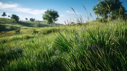 緑の草原が広がる丘陵地帯の風景