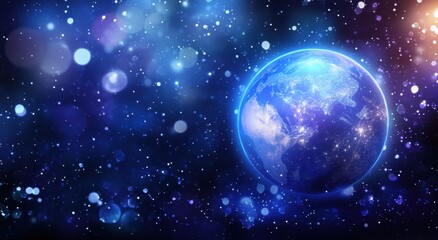 Earth in cosmic glow, detailed view of continents, starry backdrop