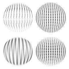 Distorted sphere icon. Geometric warping shape. Black line texture. Optical illusion effect.