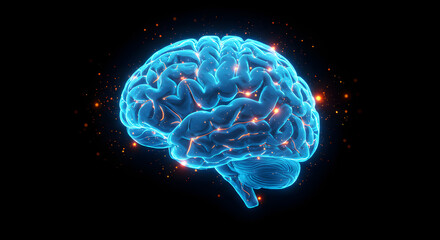 Human Brain Hologram in Electric Blue with Neural Network and Artificial Intelligence Concept