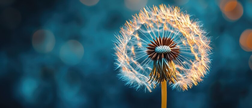 Glowing Dandelion Seed Head in Teal Bokeh Background