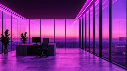 Modern office cityscape sunset view purple led lighting minimalist design