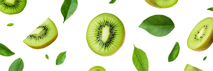 Fototapeta premium Vibrant kiwi fruit halves and lush green leaves dance against a stark black backdrop
