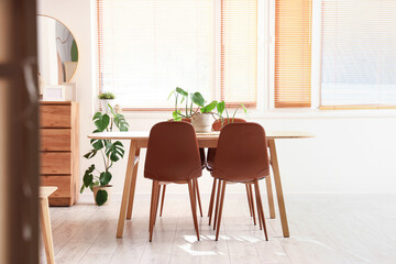 Interior of light office with table, plants and window