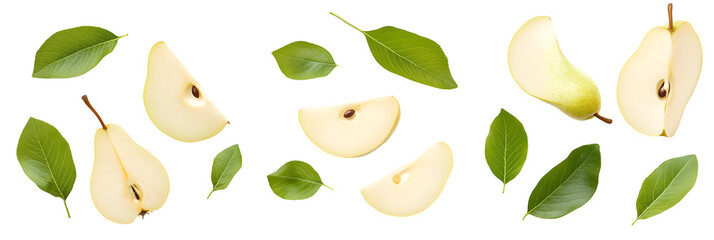 Obraz premium Composition of pear slices and green leaves against a stark black backdrop