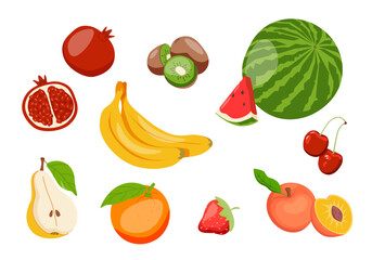 Fruits or berries hand drawn cartoon set. Sliced lemon orange apple pear, watermelon peach papaya fig, pineapple dragon