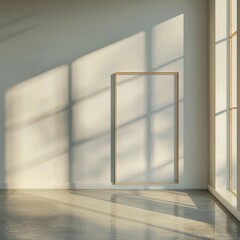Obraz premium A white wall with a window and a wooden frame. The frame is empty. The window is letting in sunlight