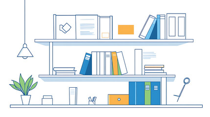 A shelf full of books with a potted plant on the left