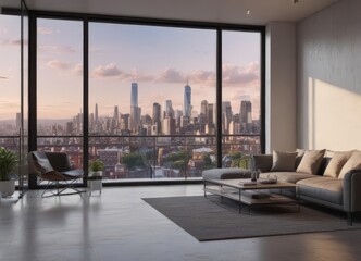 Sleek modern apartment, panoramic city view from large window , bedroom, sunrise