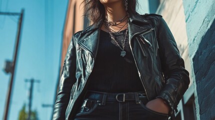 moto boho streetwear, leather jacket and boho accessories, urban scene