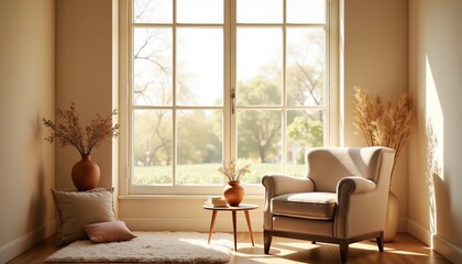 Fototapeta premium A room with a chair and a vase on a table