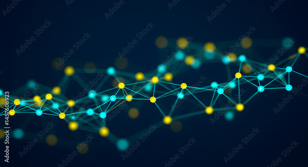 Poster intricate network of cyan and gold nodes on deep blue backdrop representing advanced digital connect