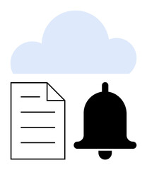 Cloud icon above a document alongside a notification bell symbolizing data storage, sharing, and alerts. Ideal for technology, communication, notification system, cloud backup, reminders, task