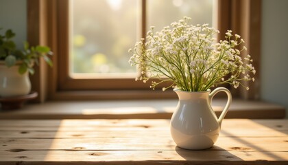 A white vase with white flowers sits on a wooden table