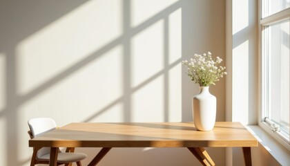Fototapeta premium A white vase with white flowers sits on a wooden table