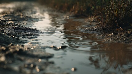雨上がりのぬかるんだ道と静かな水たまり