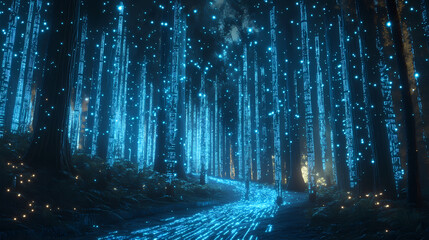Glowing digital code wraps forest trees at night. [Neon Fables] | Circuit Dryads | forest code. Illustration