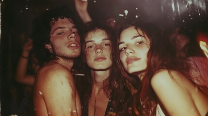 polaroid of friends at a grunge concert in 1994, gritty colors