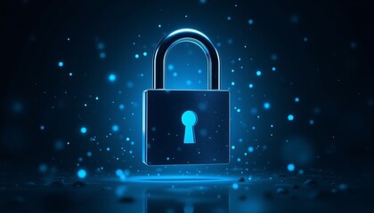 A blue lock with a keyhole is shown in a dark background