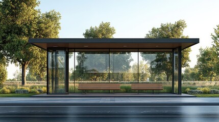 Obraz premium Modern bus shelter structure with glass walls and park setting.