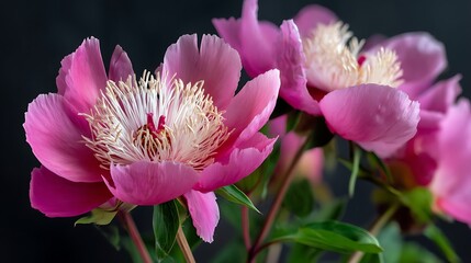 闇に浮かぶ優美なピンクの芍薬の花々