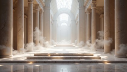 A large, empty room with pillars and a high ceiling