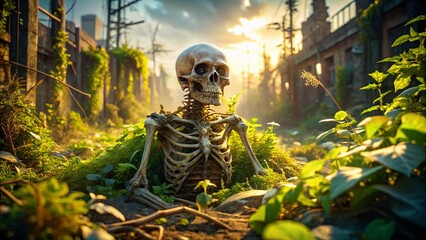 Fototapeta premium Aerial View: Decaying Undead Skeleton Crawling Through Post-Apocalyptic Rubble