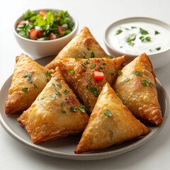 stuffed Arabian samosas crispy golden pastry filled with spiced minced meat served with yogurt dipping sauce rich textures soft diffused lighting clean white backdrop 