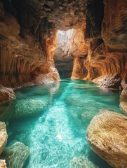 Subterranean river running through a cave, with the water glowing faintly due to minerals in the water and light above 