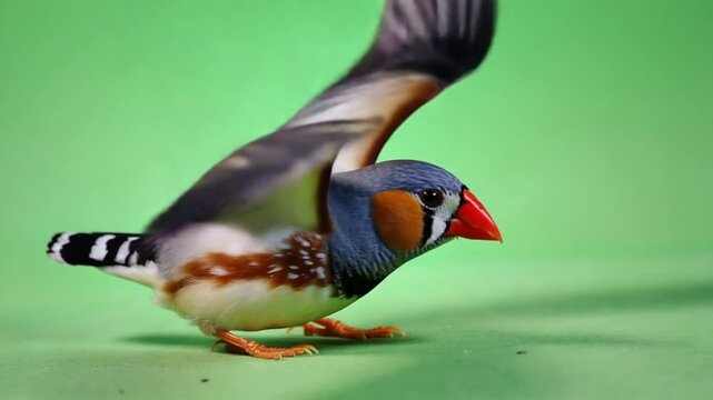 Zebra finch standing on a green surface with its orange beak and grey and brown feathers visible green screen video