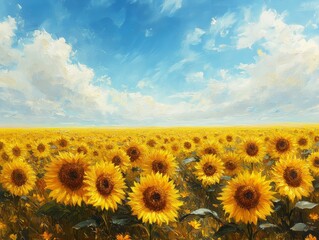 Fototapeta premium Sunlit sunflower field stretching to the horizon, clear blue sky with wispy clouds, bright and cheerful summer scene, high contrast realism, warm golden tones