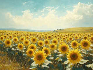 Obraz premium Sunlit sunflower field stretching to the horizon, clear blue sky with wispy clouds, bright and cheerful summer scene, high contrast realism, warm golden tones 