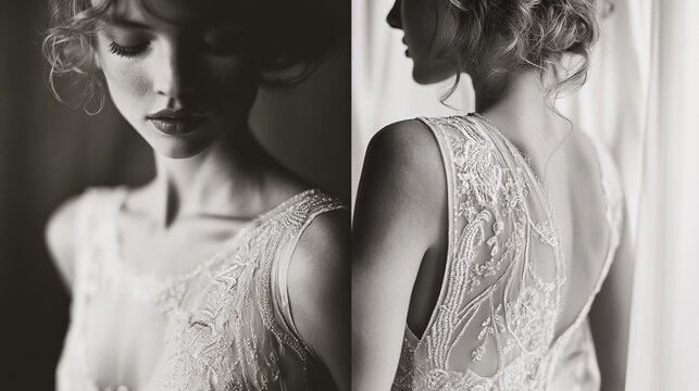 vintage wedding dress, 1920s style, black and white photo aesthetic