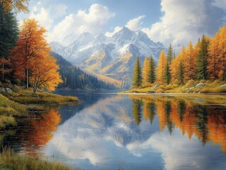 Fototapeta premium Sunset over an alpine lake, surrounding trees in full autumn colors, mirror-like reflection in water, ultra-sharp landscape realism 