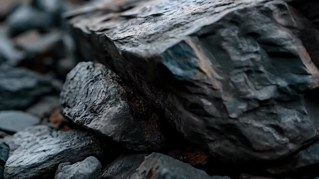 Close up shot of anthracite stones and rocks pile, textured surface of dark black mineral stone pieces, raw material energy industry detail background