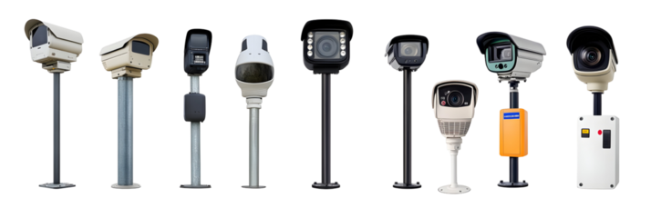 A diverse collection of surveillance cameras on poles against a stark black backdrop