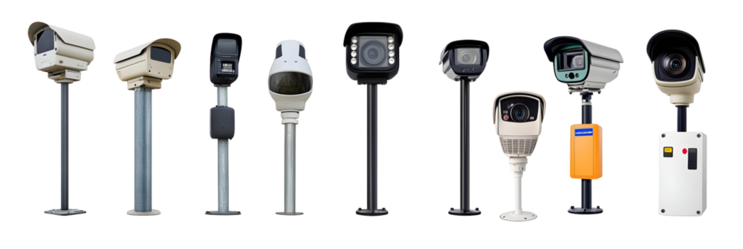 A diverse collection of surveillance cameras on poles against a stark black backdrop