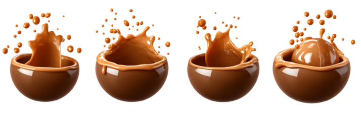 Dynamic tableau featuring liquid caramel cascading into chocolate spheres on black backdrop