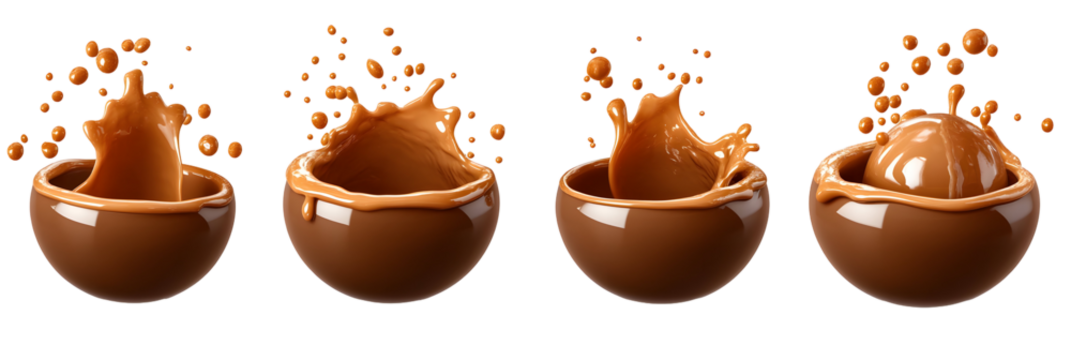 Dynamic tableau featuring liquid caramel cascading into chocolate spheres on black backdrop