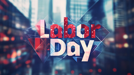 Labor Day Celebration: A vibrant and modern graphic design of the words "Labor Day" in red and white, layered on top of geometric blue shapes and a city background.