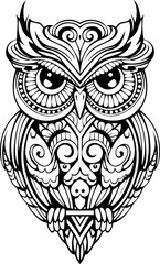 Ornate owl illustration showing intricate patterns in black  