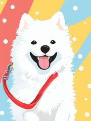 Happy Samoyed dog with leash against colorful background  