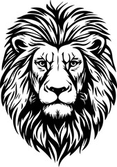 Lion head illustration with fierce expression in black and white  