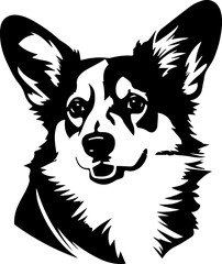 Black and white illustration of a cheerful corgi dog  