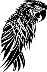 Stylized parrot illustration in black and white design  