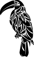 Abstract black and white toucan illustration with intricate patterns  