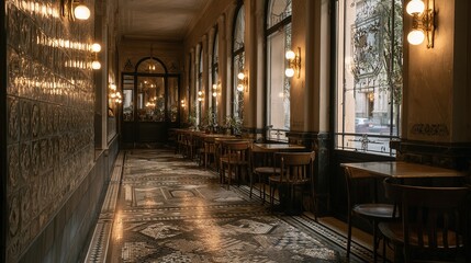Interior view of a long hallway cafe.
