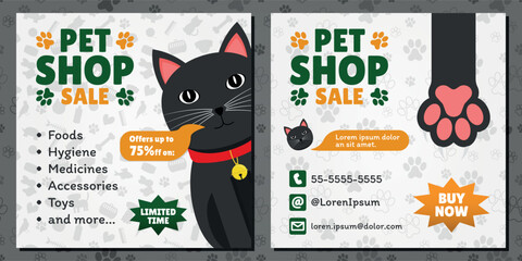 Pet Shop Sale AD - Square Shape. 2 Image Layouts with Logo, Black Cat Mascot and Different White Backgrounds. Offers up to 75% off.