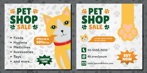 Naklejka premium Pet Shop Sale AD - Square Shape. 2 Image Layouts with Logo, Orange Cat Mascot and Different White Backgrounds. Offers up to 50% off.
